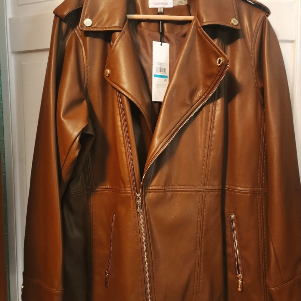 Calvin Klein brown faux leather womens jacket size OX